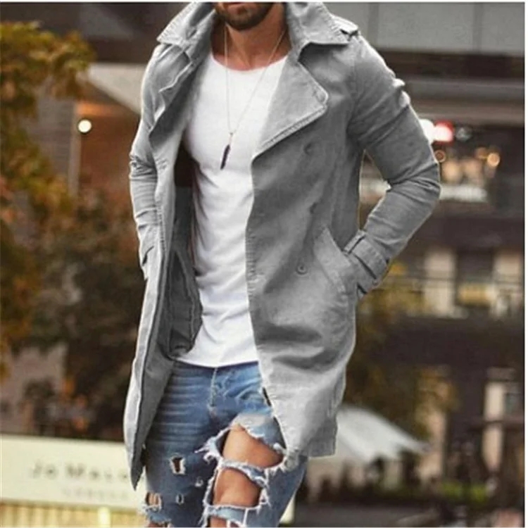 Men's classic double row button long windbreaker