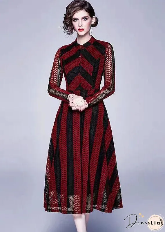 Modern Red Stand Collar Hollow Out Button Patchwork Lace Dress Summer