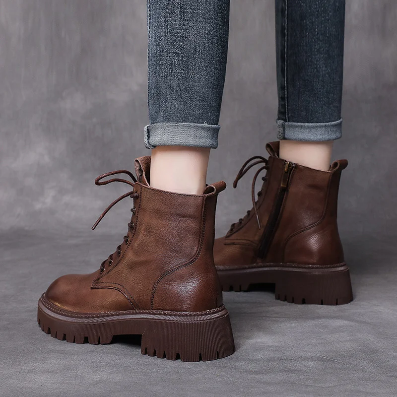 Yyvonne Leather Soft Bottom With Martin Boots Autumn And Winter New Short-Skin Women British Style Single Boots Work Fit Thick Bottom
