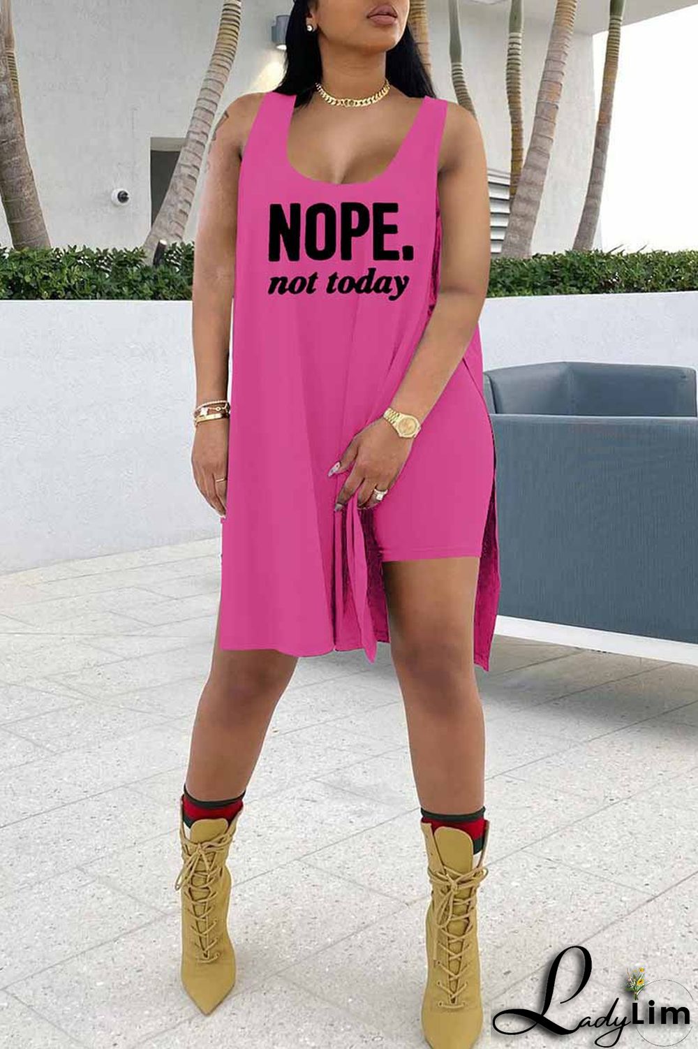 Red Fashion Casual Letter Print Slit U Neck Sleeveless Two Pieces