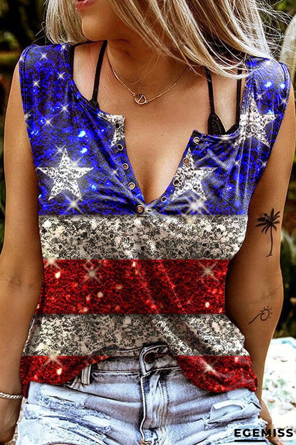 Blue Fashion Casual Print Patchwork V Neck Tops | EGEMISS