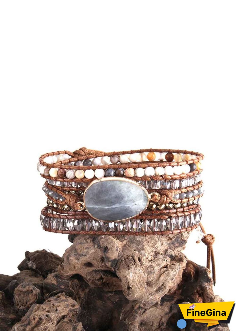 Boho Bracelet, RH 5 Layers Leather Wrap Bracelet, Natural Stones, Crystal Silver