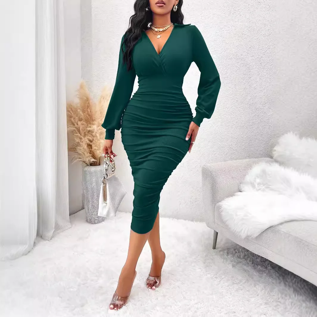 Toloer Toloer Sexy Casual Dress Solid Color V-Collar Close Waist Long Sleeve Wrap Hip Dress Female-Outfit Ideas