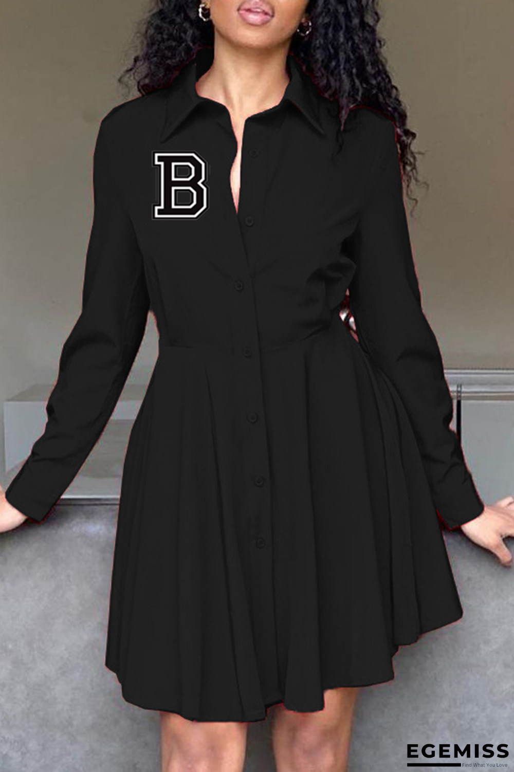 Black Fashion Print Patchwork Turndown Collar Shirt Dress Dresses | EGEMISS