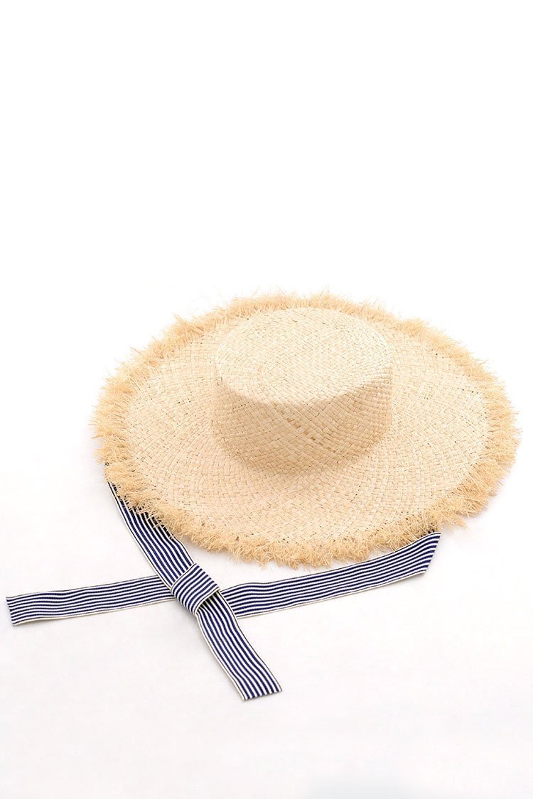 Frayed Stripe Strap Beach Straw Sun Hat-elleschic