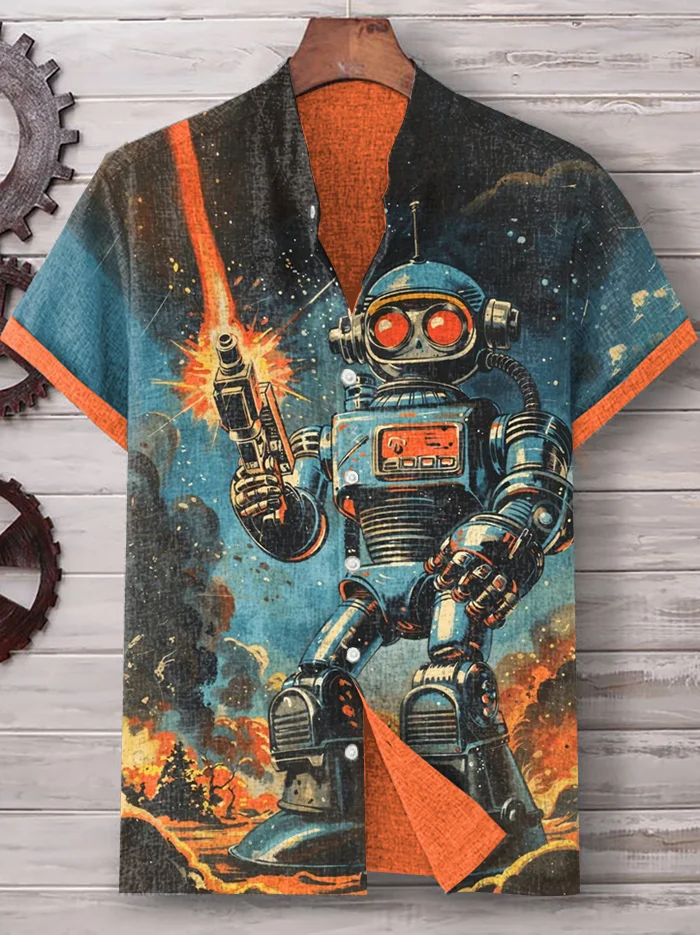 Men's Retro Robot Combat Sci-Fi Futuristic Art Print Casual Shirt
