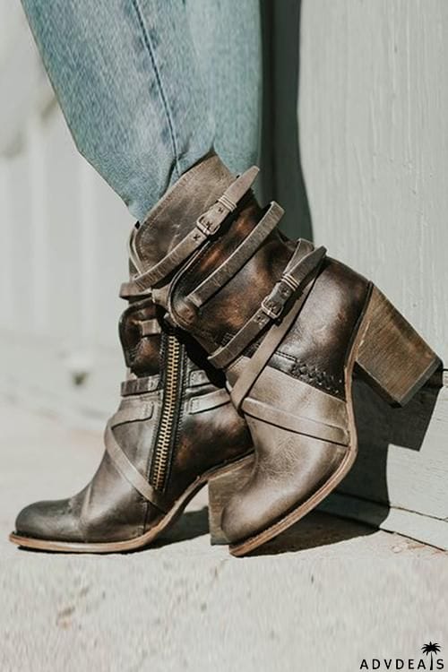 Vintage Buckle Zipper Mid-Calf Boots