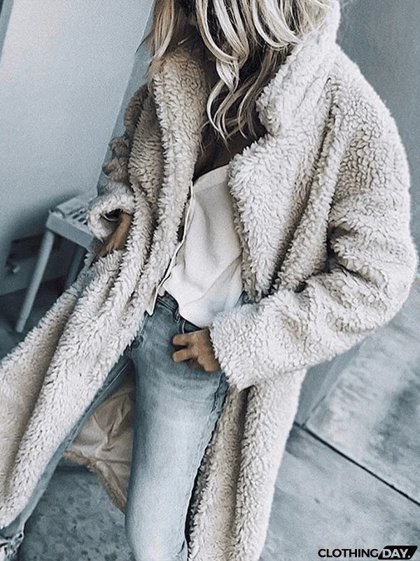 Casual Solid Color Lapel Long Sleeve Plush Coat