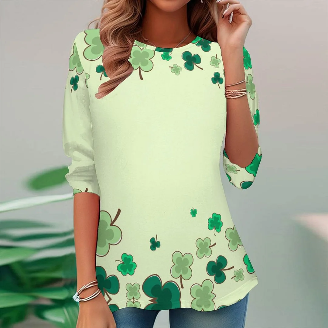 Full Printed Long Sleeve Plus Size Tunic for  Women Pattern Happy St Patrick S Day,Green