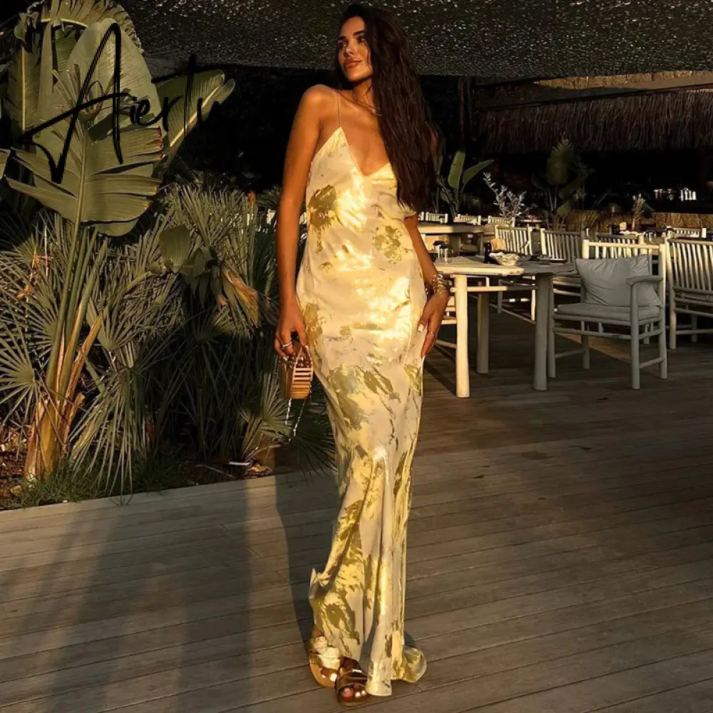 Elegant Shiny Sparkling Sexy Backless Slip Maxi Dress Party Club Outfits for Women V Neck Gown Sundress Vestido Aiertu