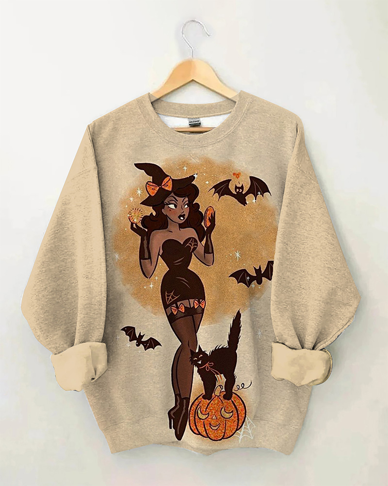Halloween Black Witch Bat print long-sleeved hoodie