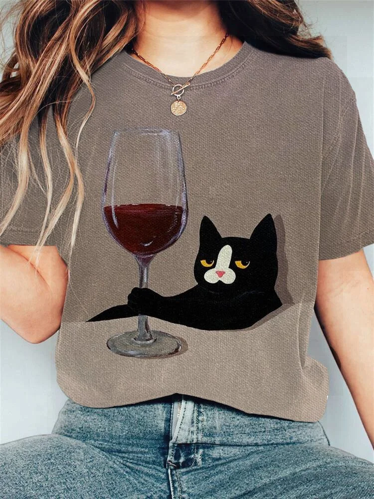 Women's Funny Wine Glasses Cat Print Casual Cotton T-Shirt