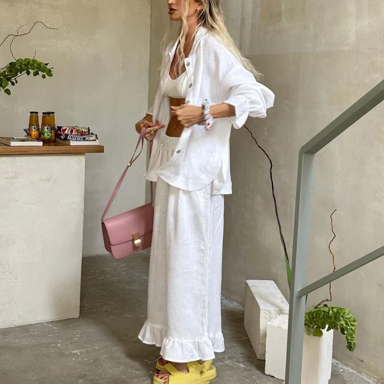 Churchf Churchf New French Design Sense Horn Sleeve Shirt Trousers Two Sets Of Cotton Casual Suit Female Spring Outfit