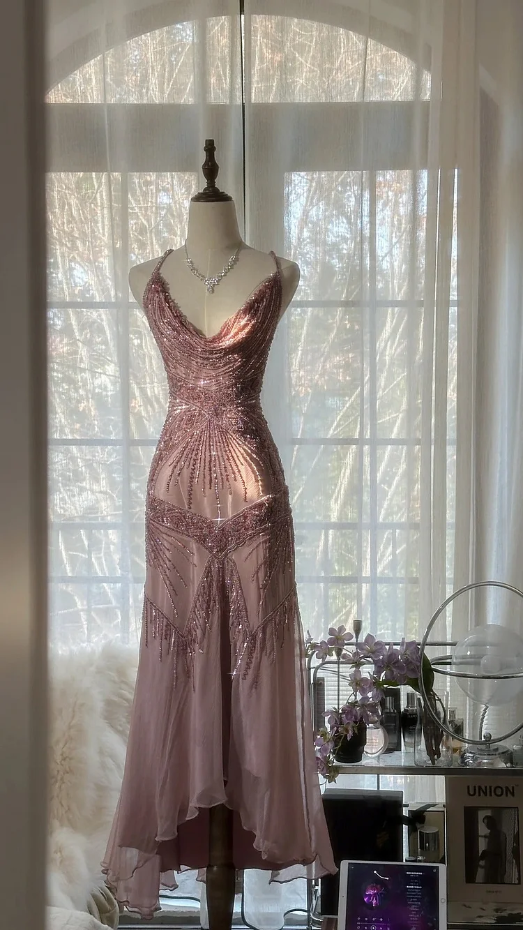 Pink Purple Romantic Fashion Elegant Exquisite Beaded Spaetti Strap Long Tulle Chiffon Ruffle Ball Gown Evening Gown Party Dress