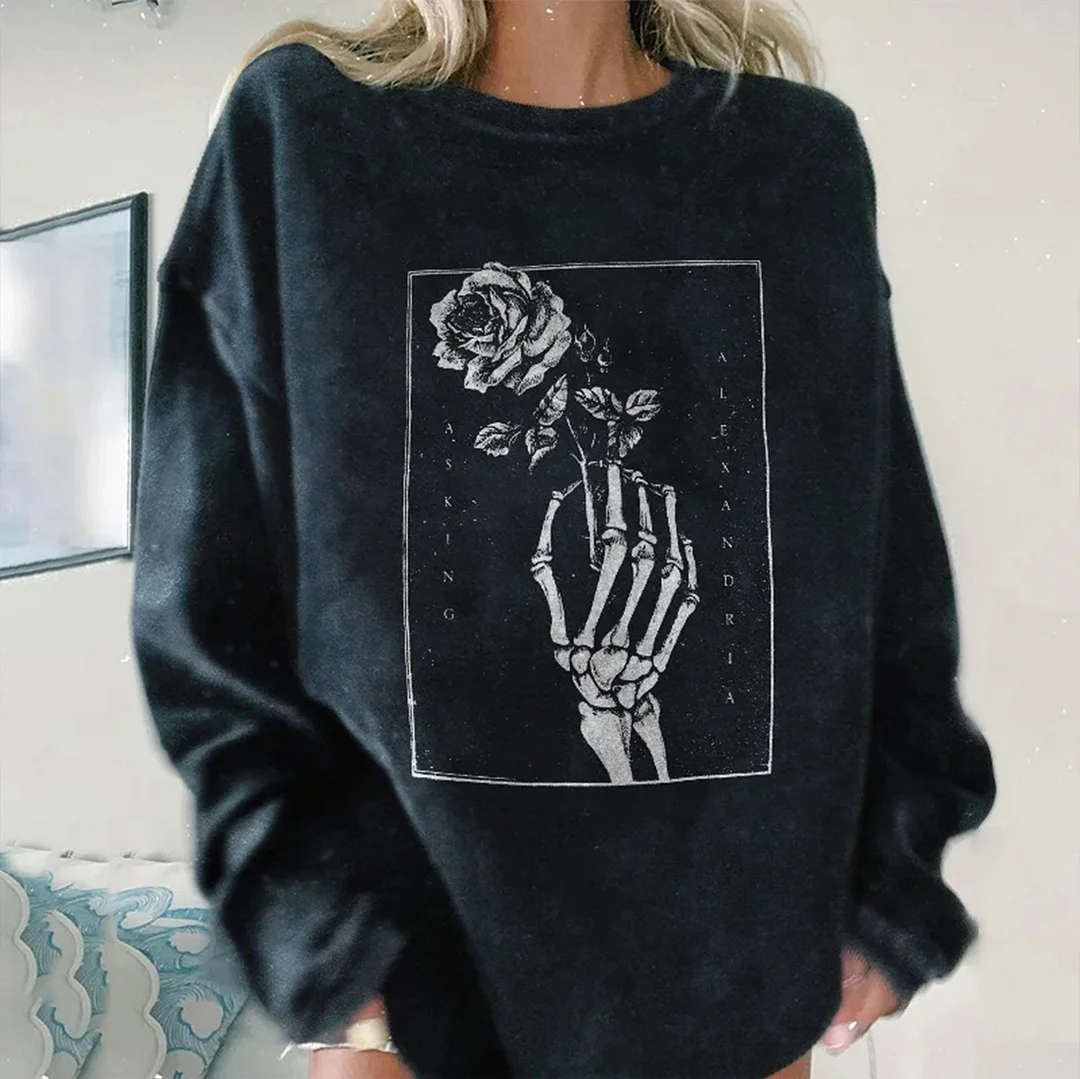 Rose in Hand Graphic Casual  Black Print Sweatshirt