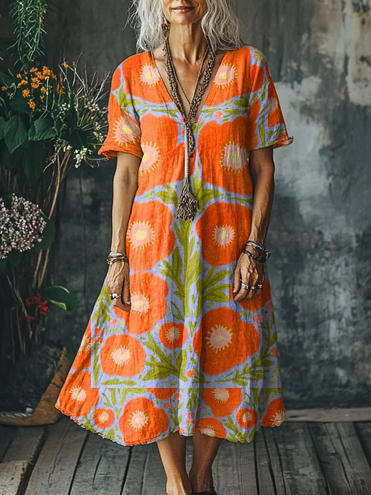 Women's Vintage  Art Print Pocket Cotton Dress