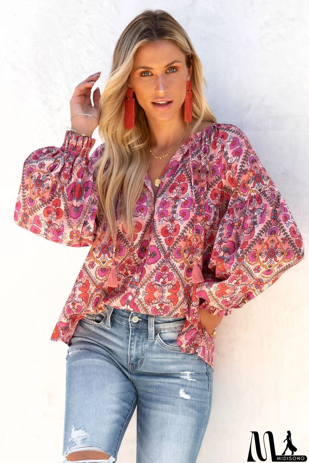 MidiSono - Rose Split Neckline Front Buttons Floral Print Blouse