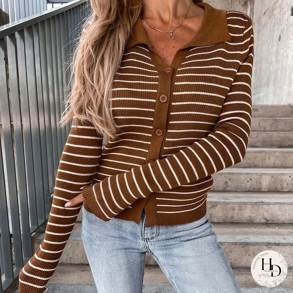 Women Casual Lapel Button-up Knitted Cardigan Fashion Striped Print Long Sleeve Tops Autumn Winter Commute Slim Sweater Jumpers