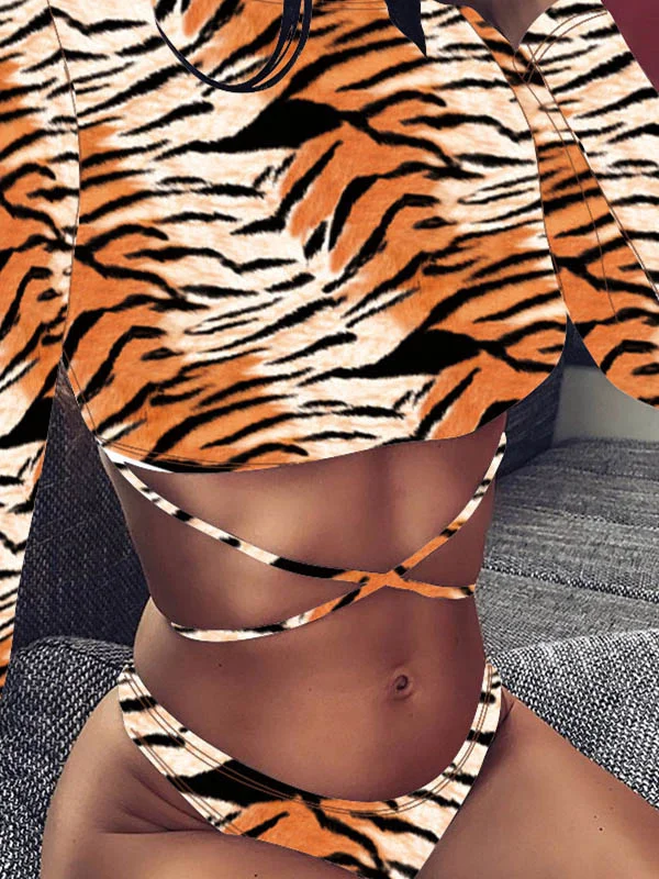 Animal Printing  Split Bikini Swimsuit+Cover-Ups Three-Piece Set