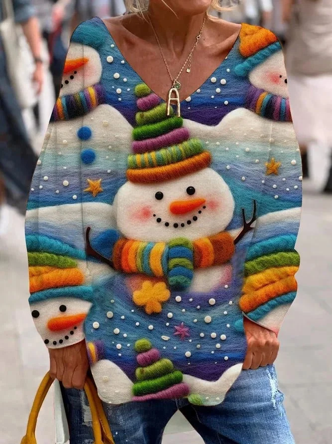 Women's Vintage Christmas Snowman Felt Knitted V-Neck Top