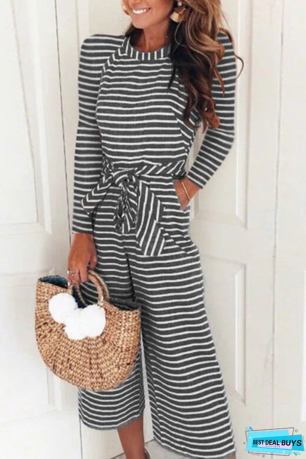 Striped Round Neck Lace-up Jumpsuit