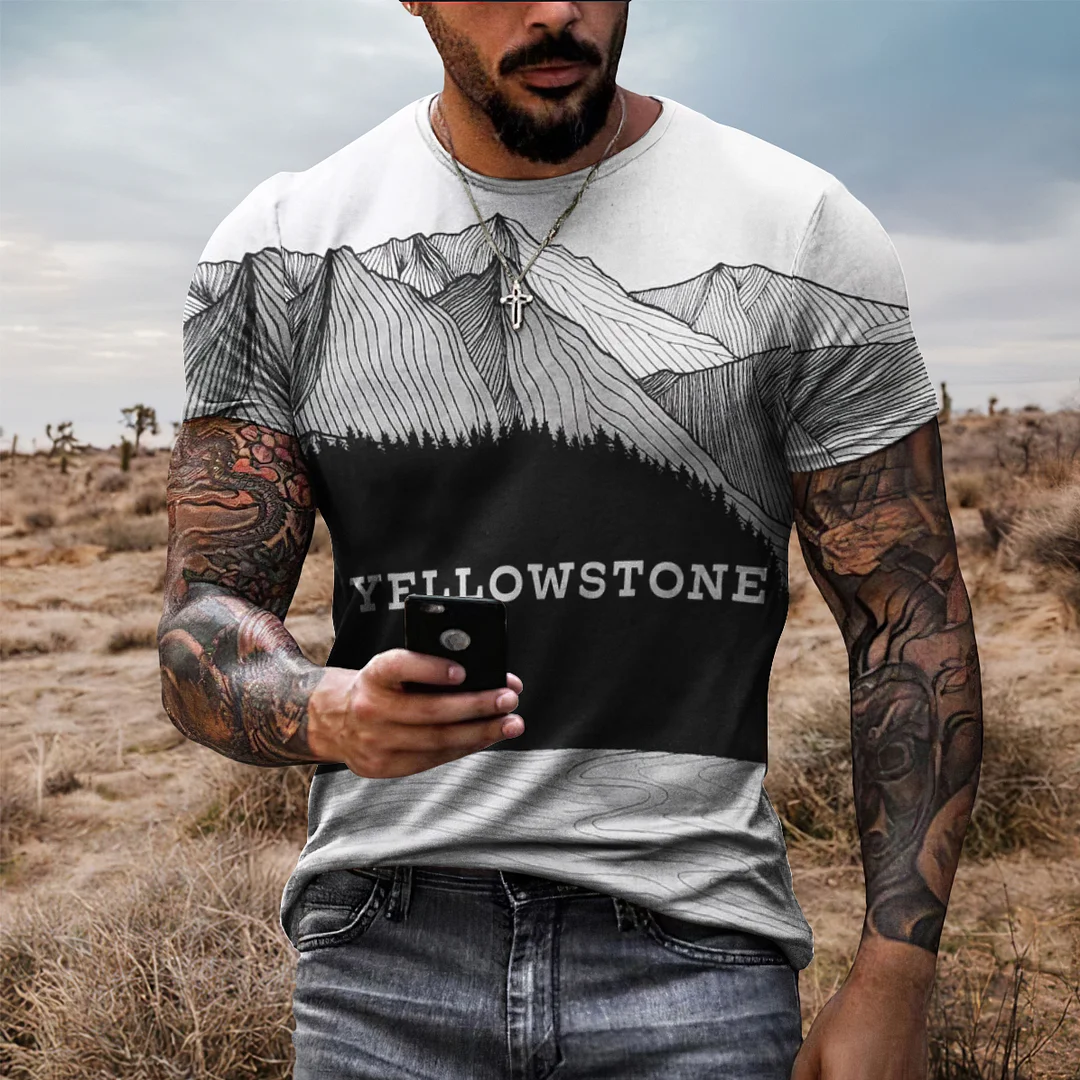 Men'S Western Mountain Letter Print Short Sleeve T-Shirt