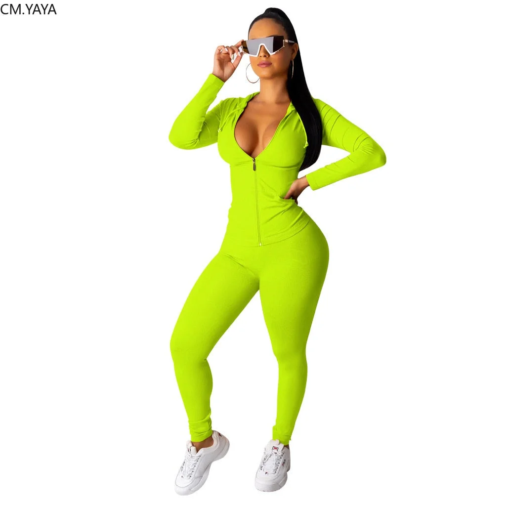 CM.YAYA Autumn Women Solid Zipper Up Long Sleeve Hooded Top Pencil Pants Suit Two Piece Set Casual Sporting Tracksuit Outfit