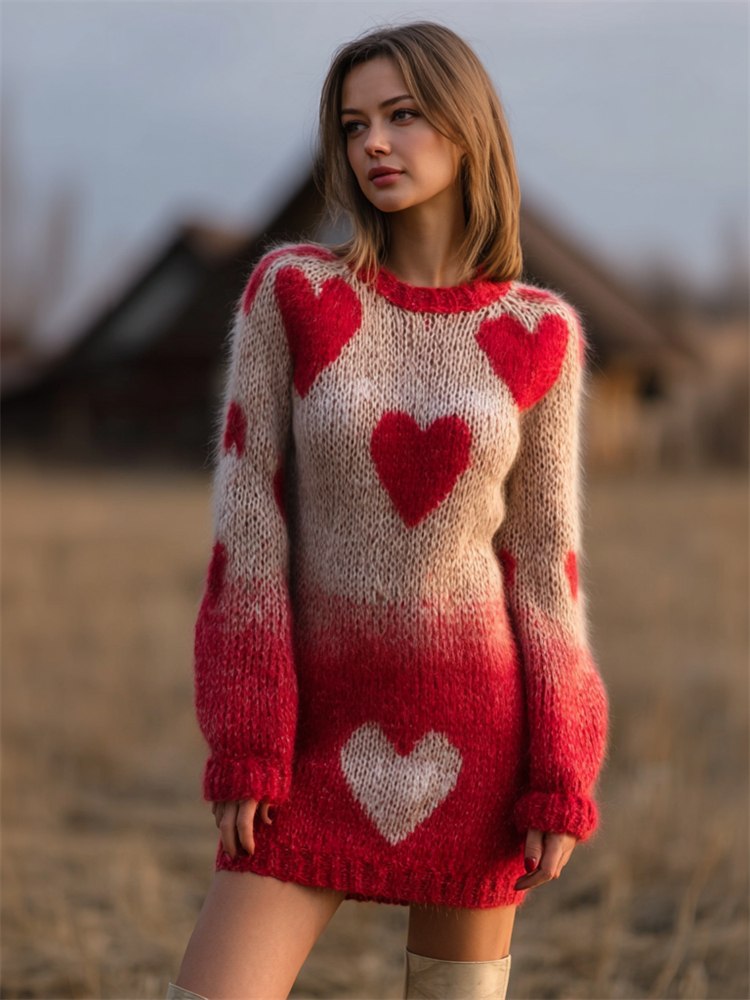 Valentine's Day Hearts Contrast Gradient Cozy Knit Sweater Dress wearshes