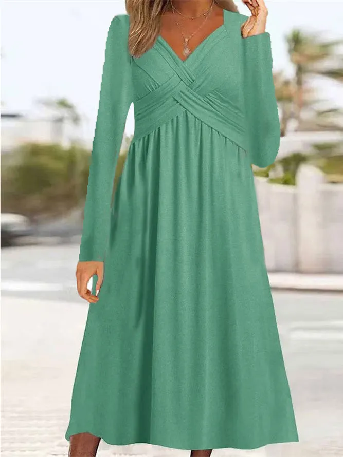 Women's Lace-up Solid Color V-Neck Long Sleeve Maxi Dress