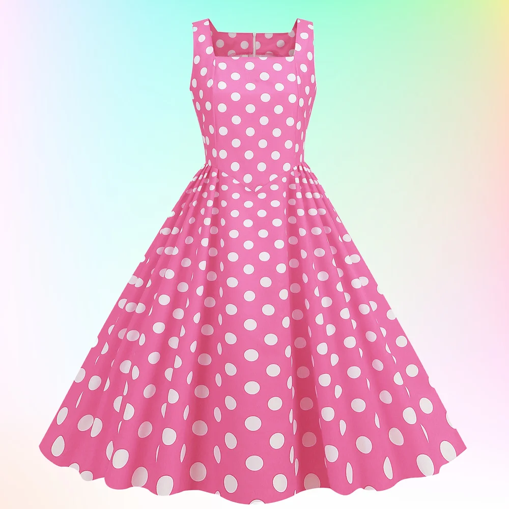Vintage Barbie Polka Dot Square Neck Swing Midi Cami Dress.