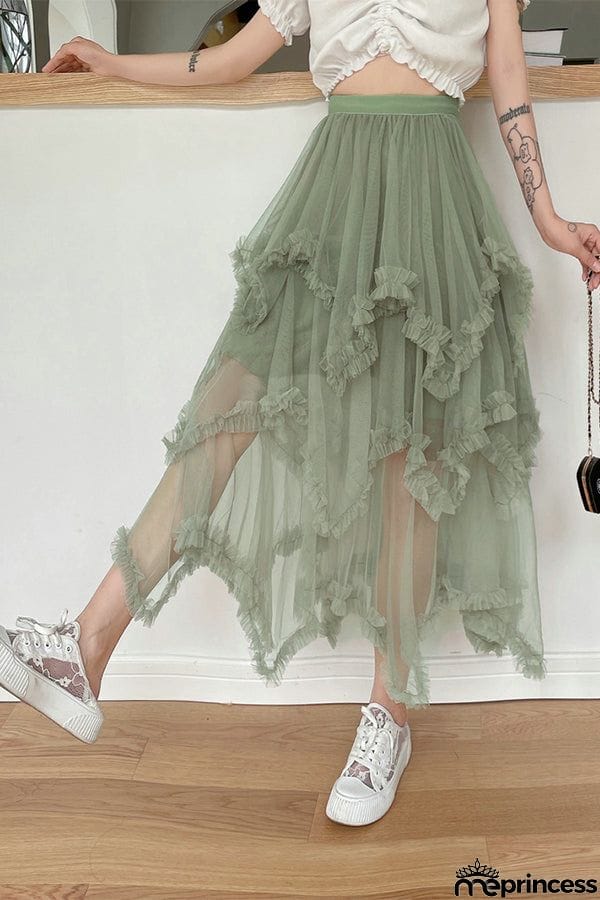 Cake skirt mid-length high waist big swing fluffy fairy gauze dress long skirt