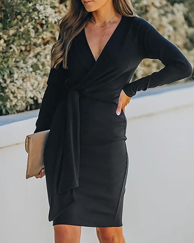 Tied Detail Long Sleeve Ribbed Wrap Dress P15971