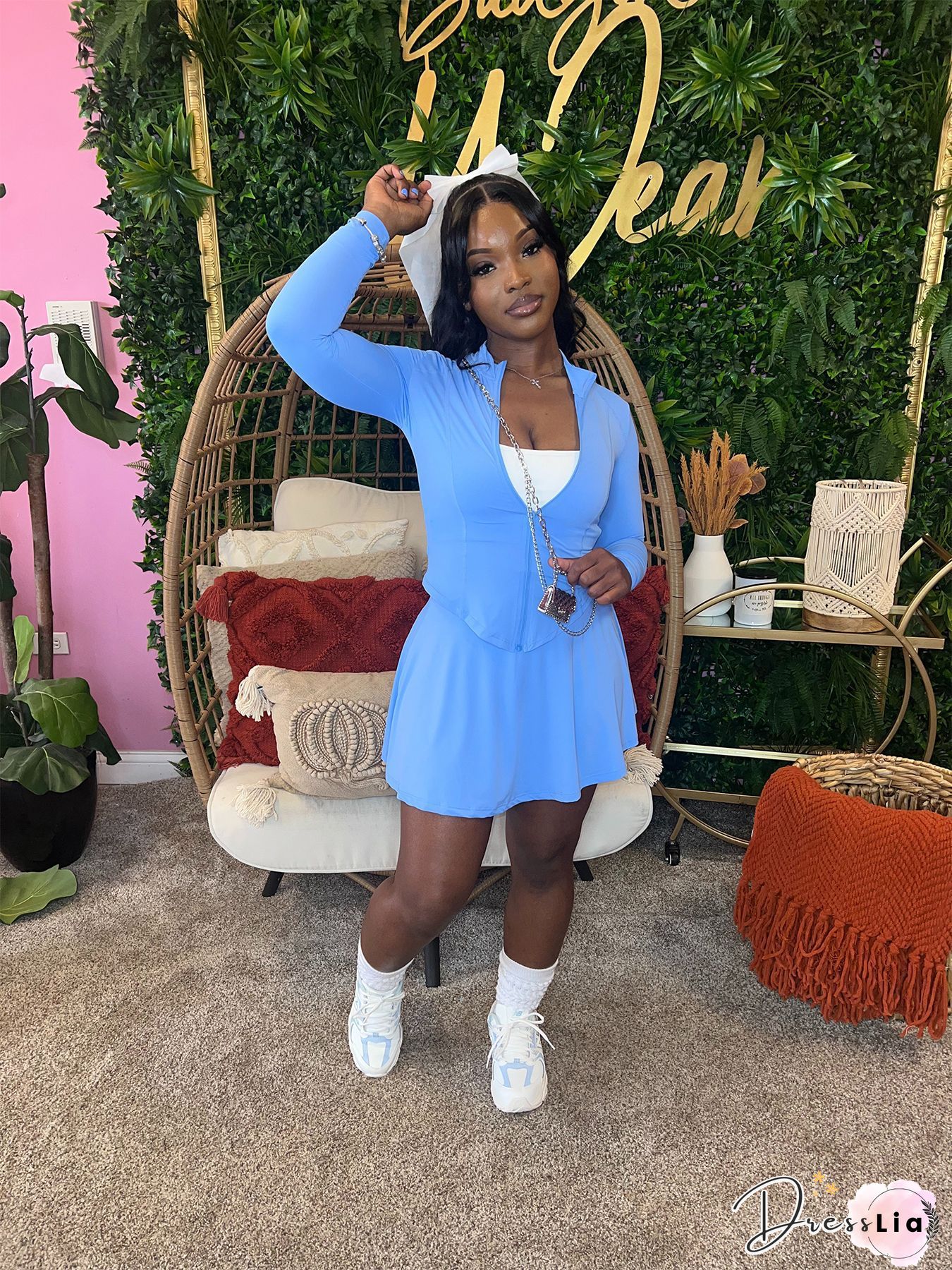 Long Sleeve Crop Top Pleated Skirt Two Piece Set