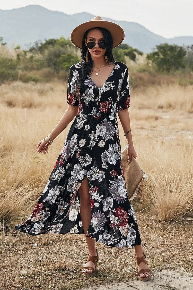 Luditu Midi Dress, Sundress, Canna in Black