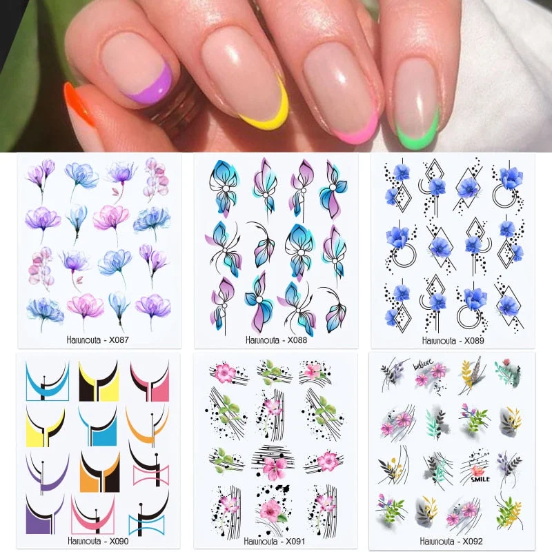 Harunouta 6Pcs Black Leaves Flower Water Decals Dandelion Geometrics Pattern Stickers Sliders For Nails DIY Decoration-Nail Inspo