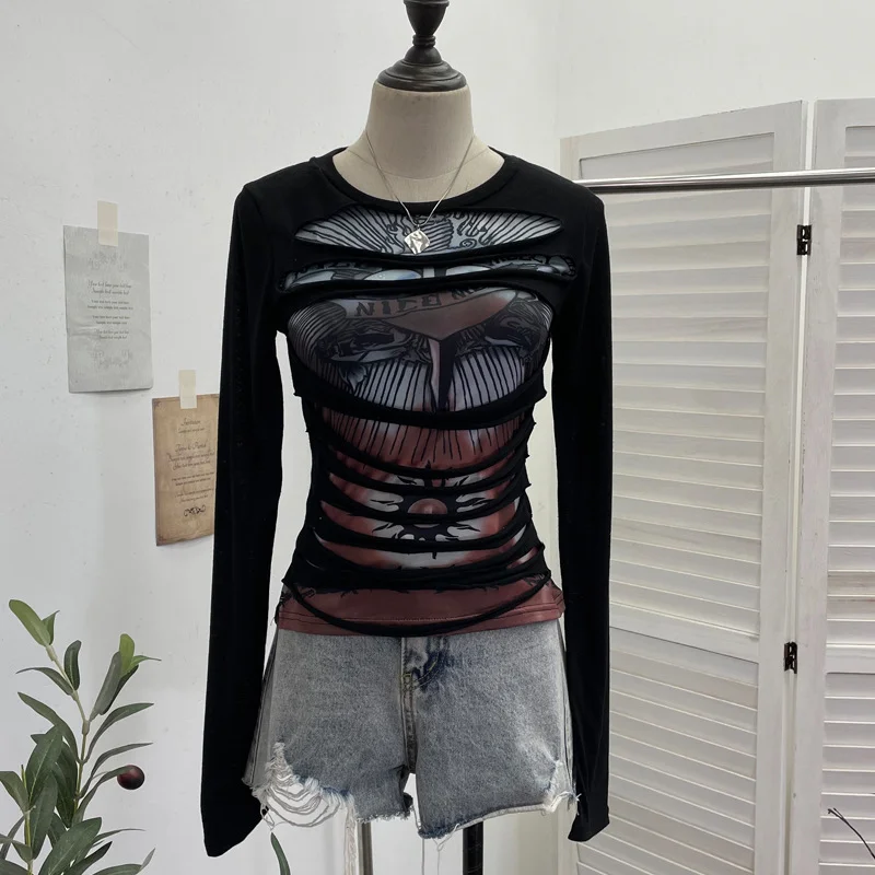 Nigikala Nigikala Shooting Design Y2k Vintage T-Shirt Prints Long-Sleeved T-Shirt Slimming Bottom Top 1176