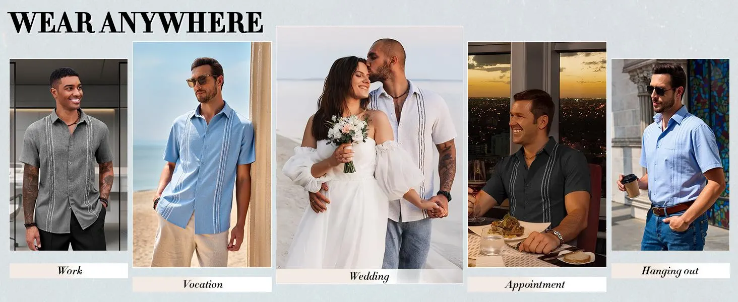 Runcati Men's 70% Cotton, 30% Linen Short Sleeve Guayabera Shirts Linen Cotton Button Down Mexican Embroidered Cuban Wedding Shirt Summer Beach Tops Father's Day Gift