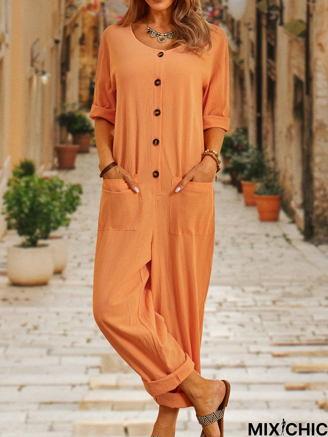 Casual Solid Color Long Sleeve Pockets Jumpsuit