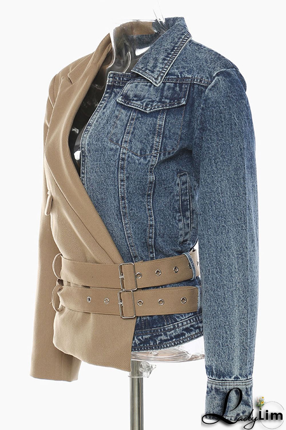 Khaki Street Solid Patchwork Turn-back Collar Outerwear