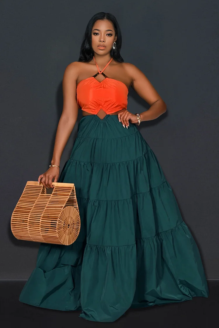 String Halter Backless Colorblock Tiered Pleated Vacation Maxi Dresses-Green
