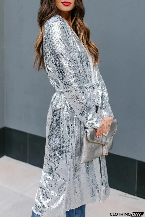 Sequin Collarless Belted Long Duster Coat