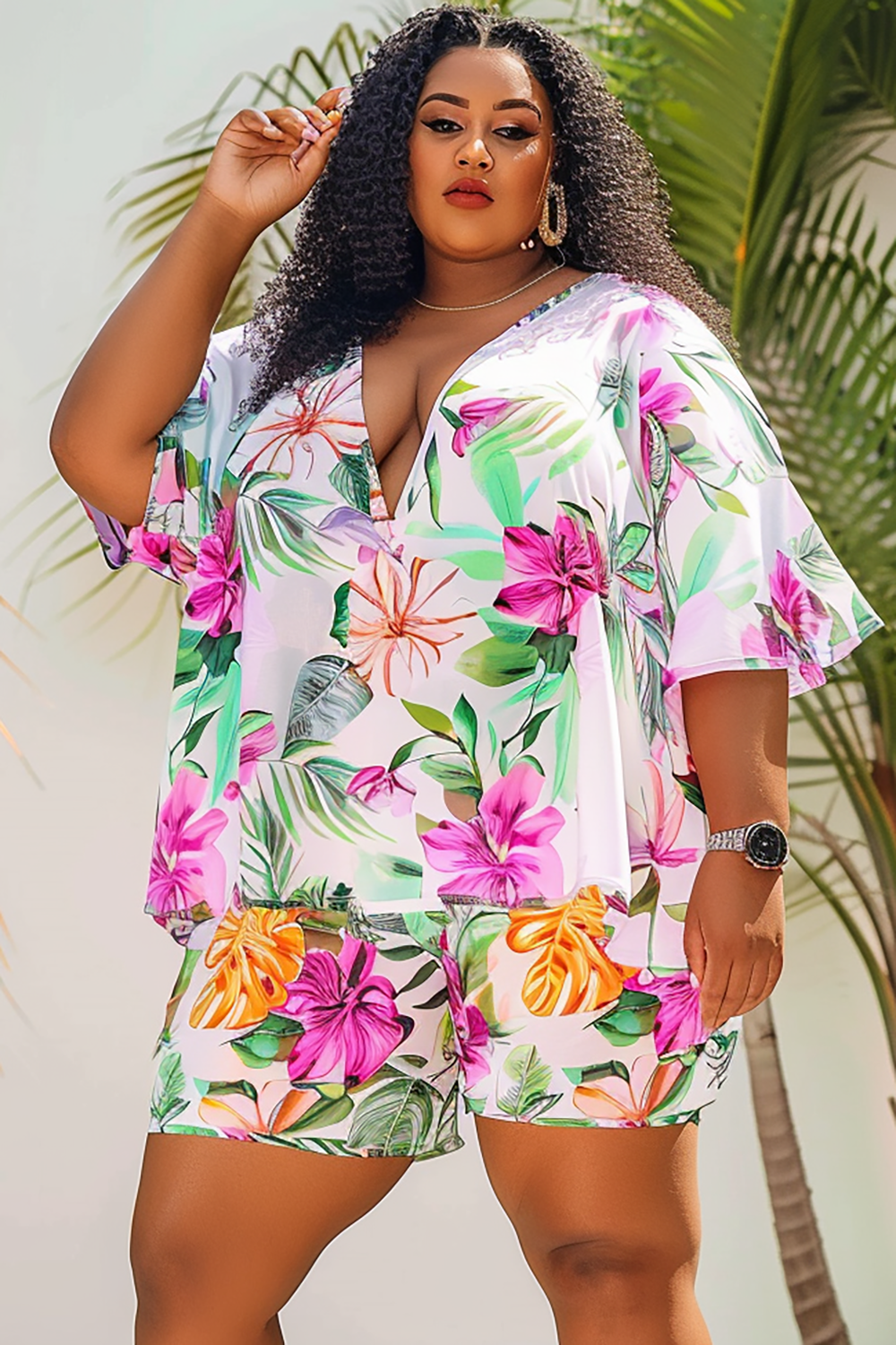 Design Plus Size Vacation Casual Magenta Tropical Print V Neck Half Sleeve Two Piece Short Sets [Pre-Order]