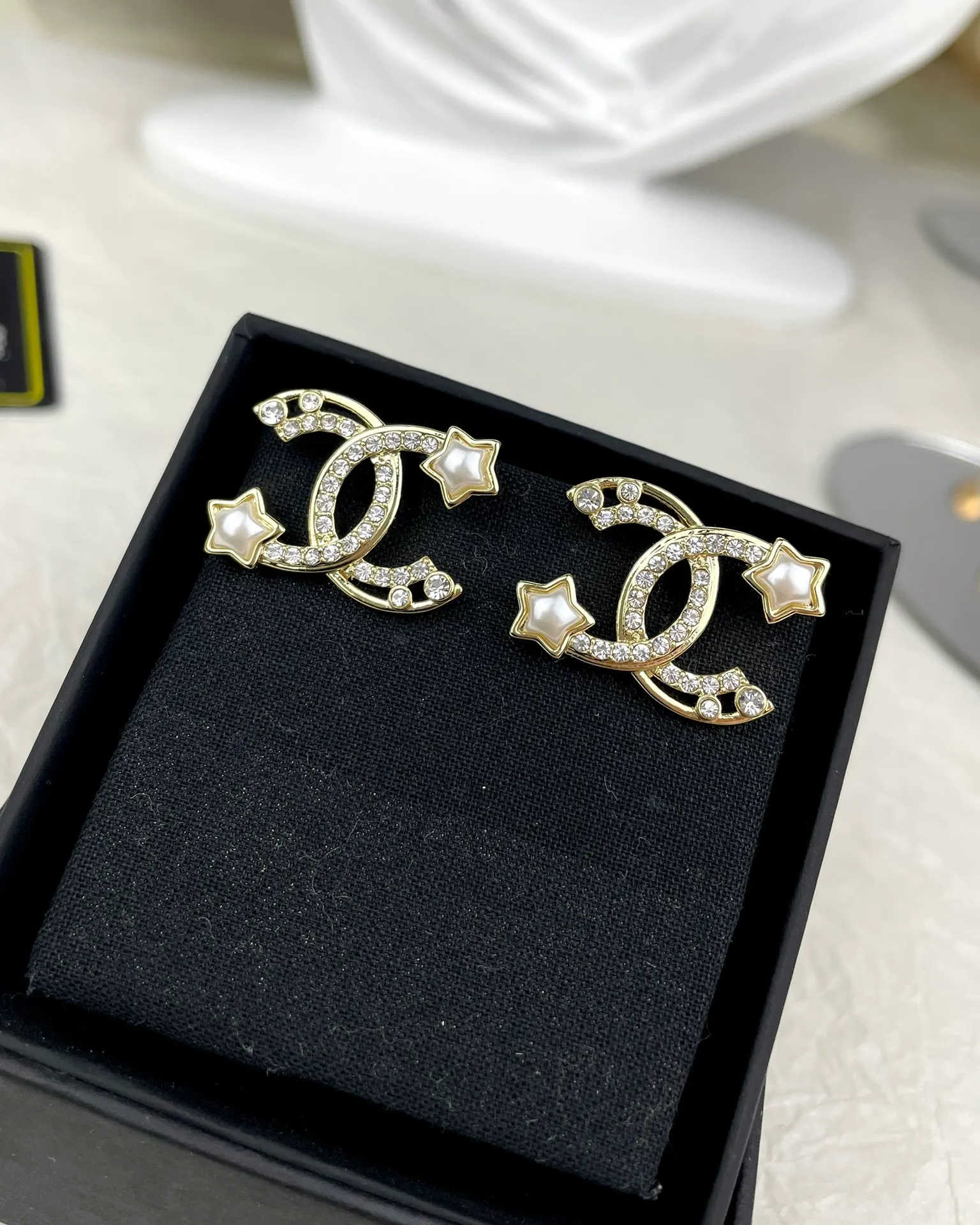 Chanel Hollow Star Rhinestone CC Earrings