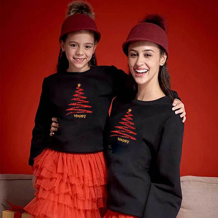 Happy Christmas Tree Print Long Sleeve Hoodie Family Sweatshirt(Black)