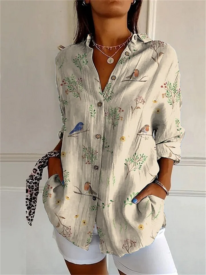 Women's Large Size New Long-sleeved Shirt Floral Ladies Printed Shirt-JRSEE