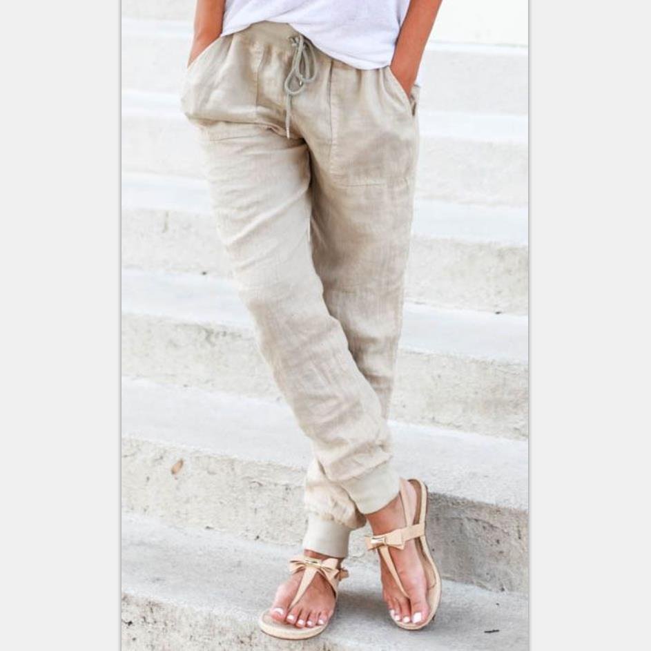 Solid Color Cotton Linen Rib Elastic Waist Women's Trousers Pants
