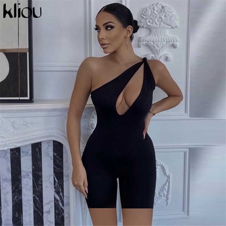 Kliou One Shoulder Cut Out Biker Shorts Rompers Sleeveless Sporty Workout Activewear Playsuits Solid Casual Women Clothing - BlackFridayBuys
