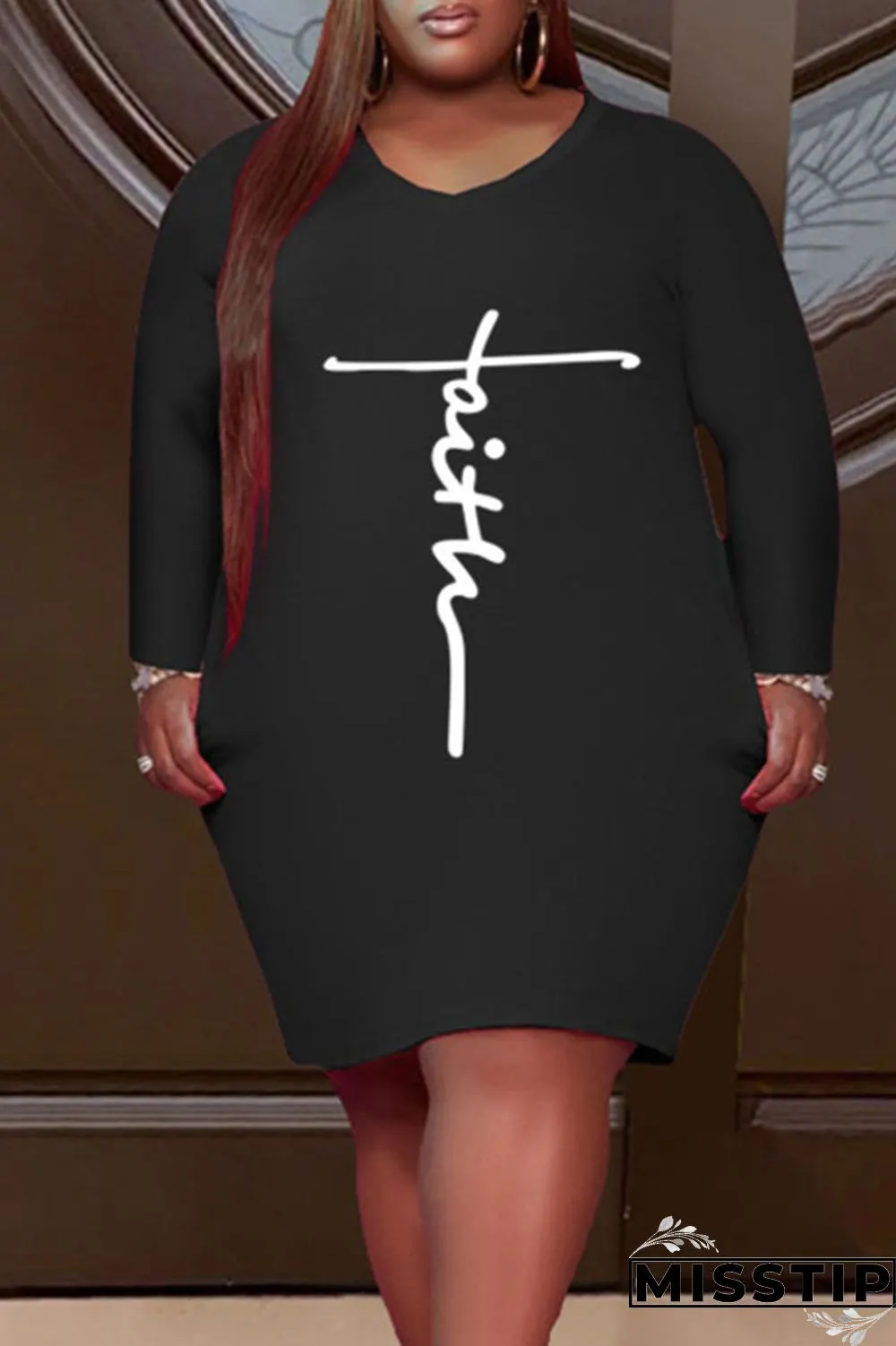 Pink Casual Print Patchwork V Neck Straight Plus Size Dresses