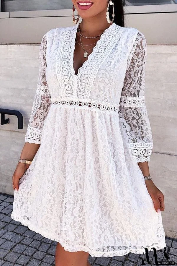 MidiSono - New Lace Stitching Lace Flare 3 / 4 Sleeve Loose Dress