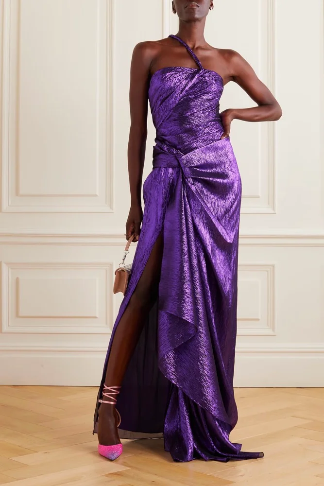 One-shoulder draped silk-blend lamé gown